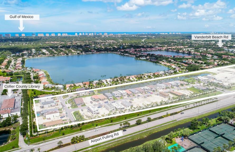 Aerial view of Avery Square outlined beside Airport Pulling Road, with the library, Vanderbilt Beach Road and the Gulf labeled