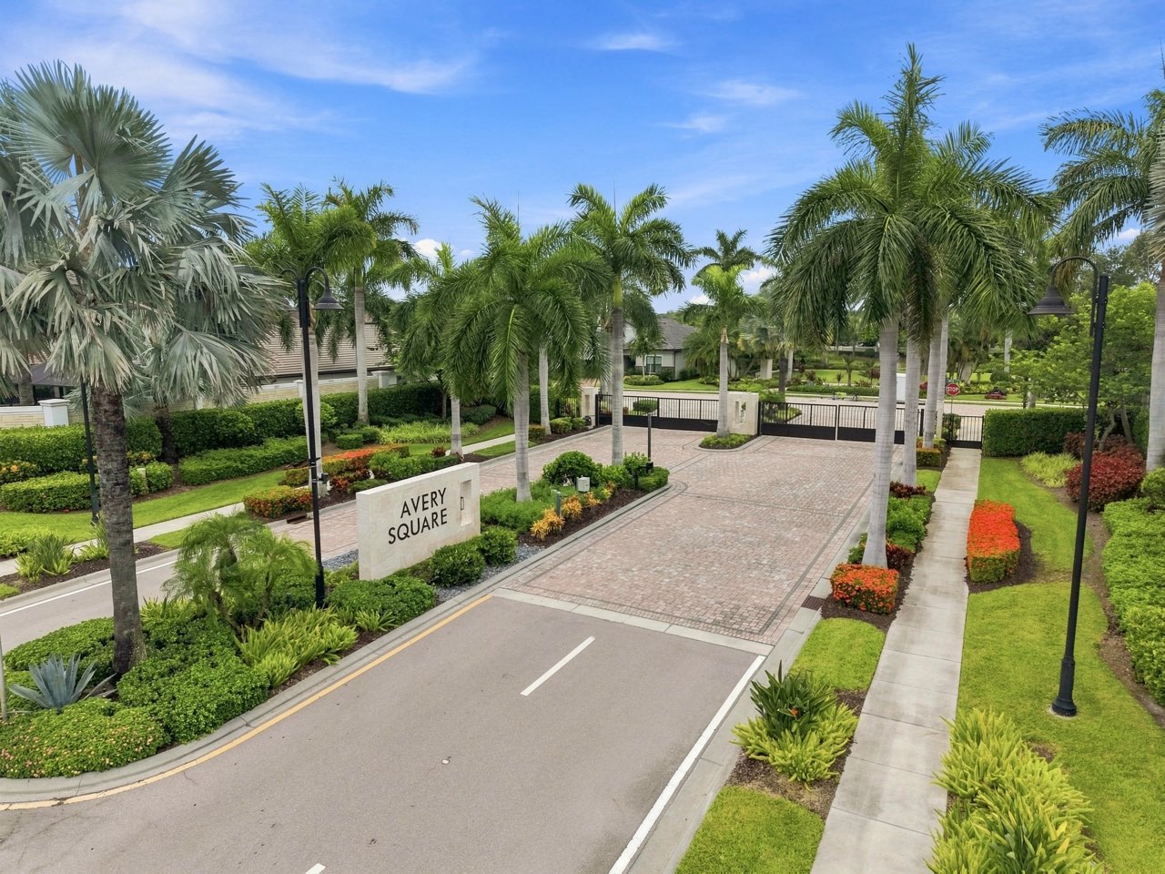 Aerial view of the entrance drive and gates